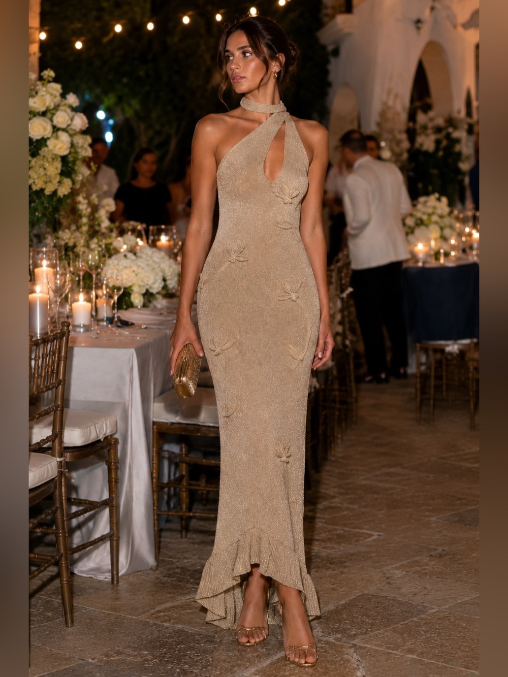 Floral Metallic Knit Maxi Dress Gold One Shoulder Wedding Guest NWT